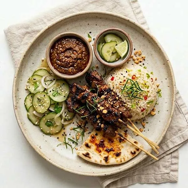 Beef satay maranggi with rice vinegar cucumber and chili lime rice